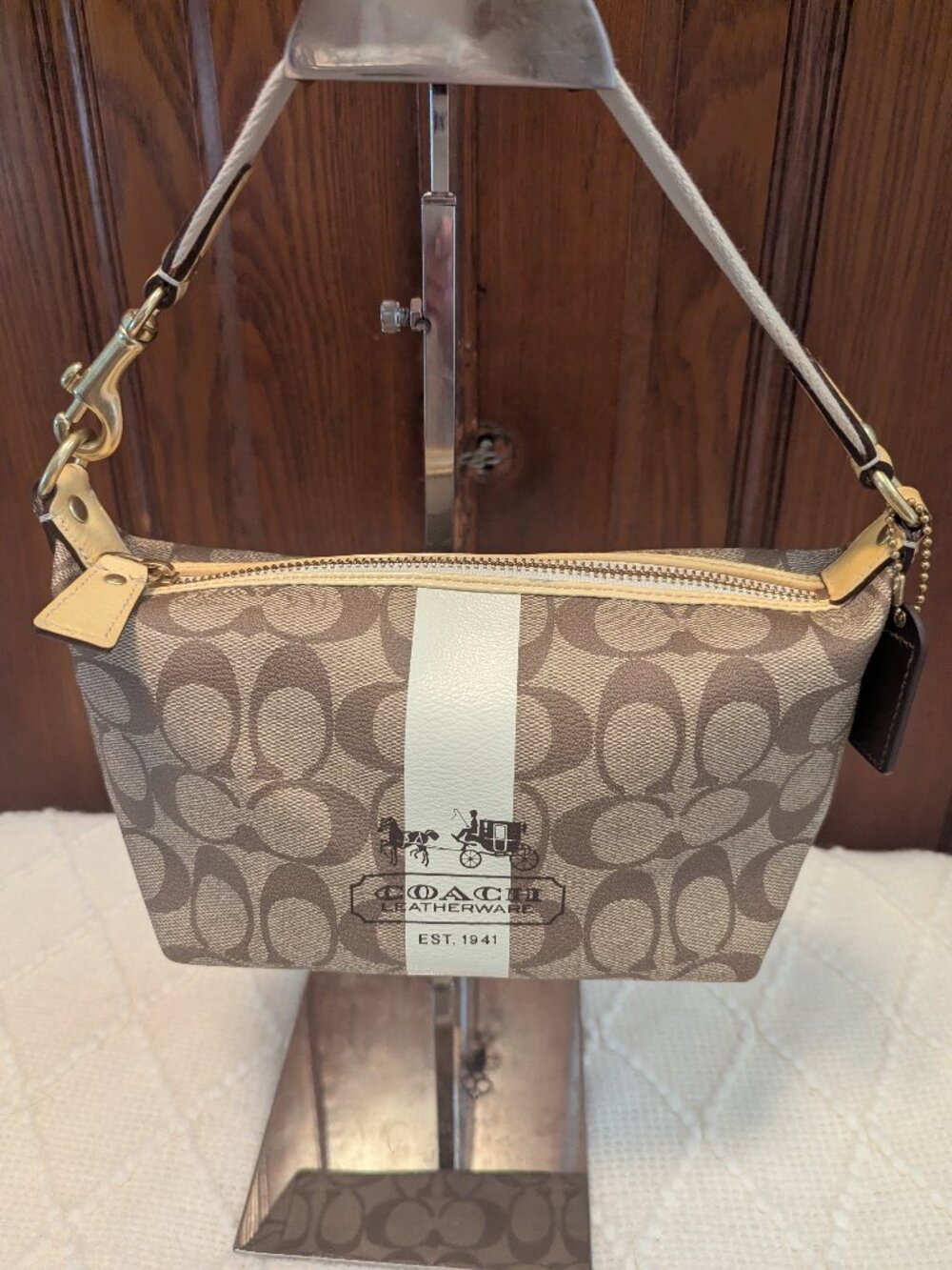 Coach Vintage heritage stripe signature collect tan cream white bag 41115